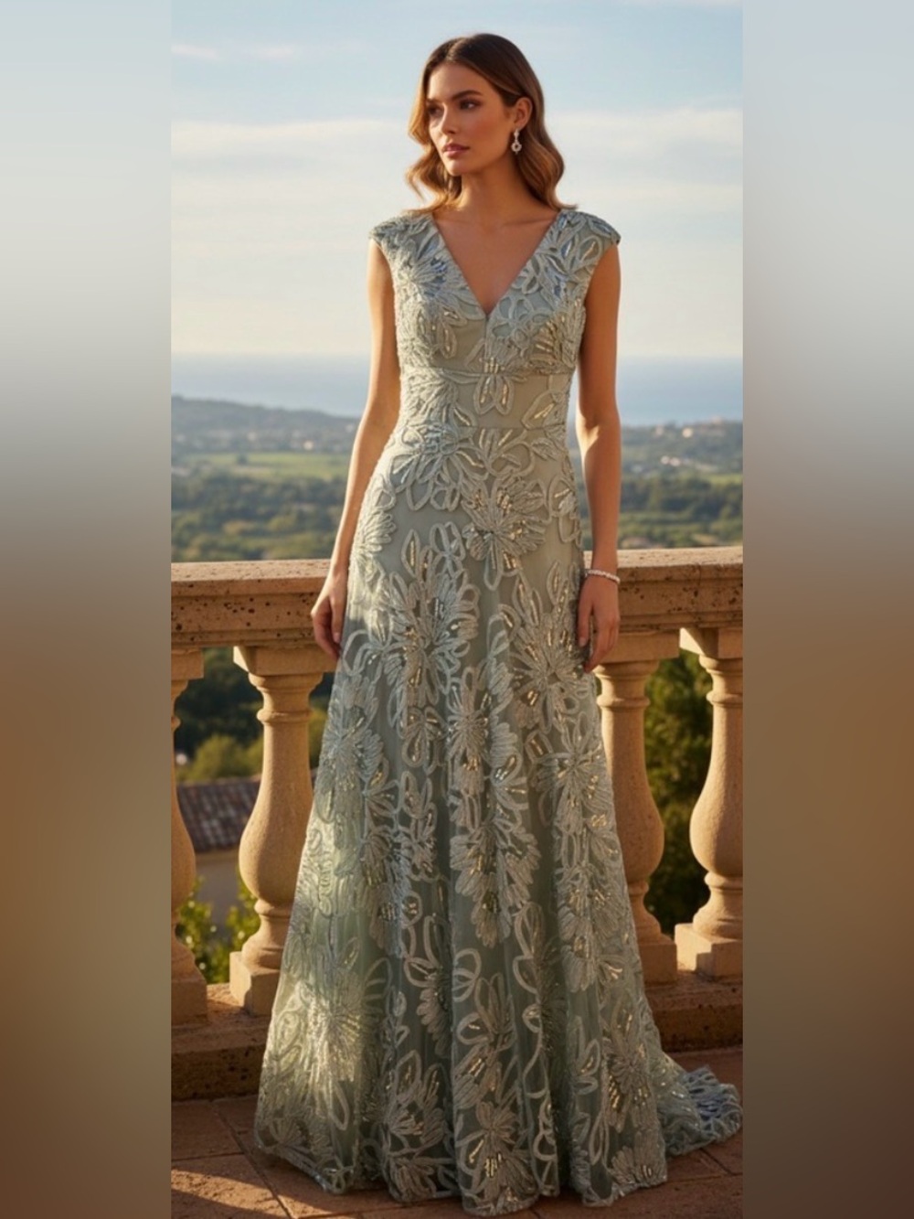Eliza J Sage Green Embroidered V-Neck Maxi Gown 3D size 8